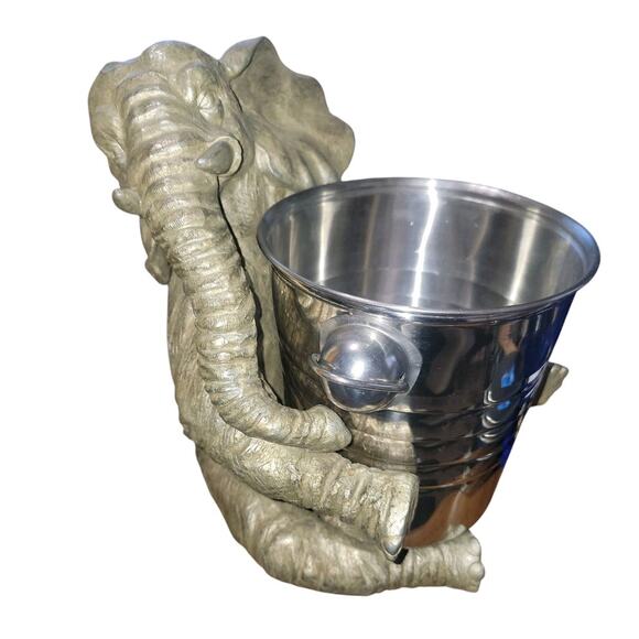 Large gray elephant ice bucket holder with silver metal bucket. 13” tall - Picture 1 of 8
